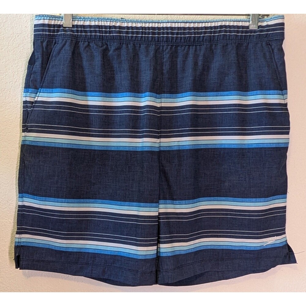 Speedo Swim Trunks Men’s Size Xl (37x7) Blue Stripped Swimsuit Bottoms (738)